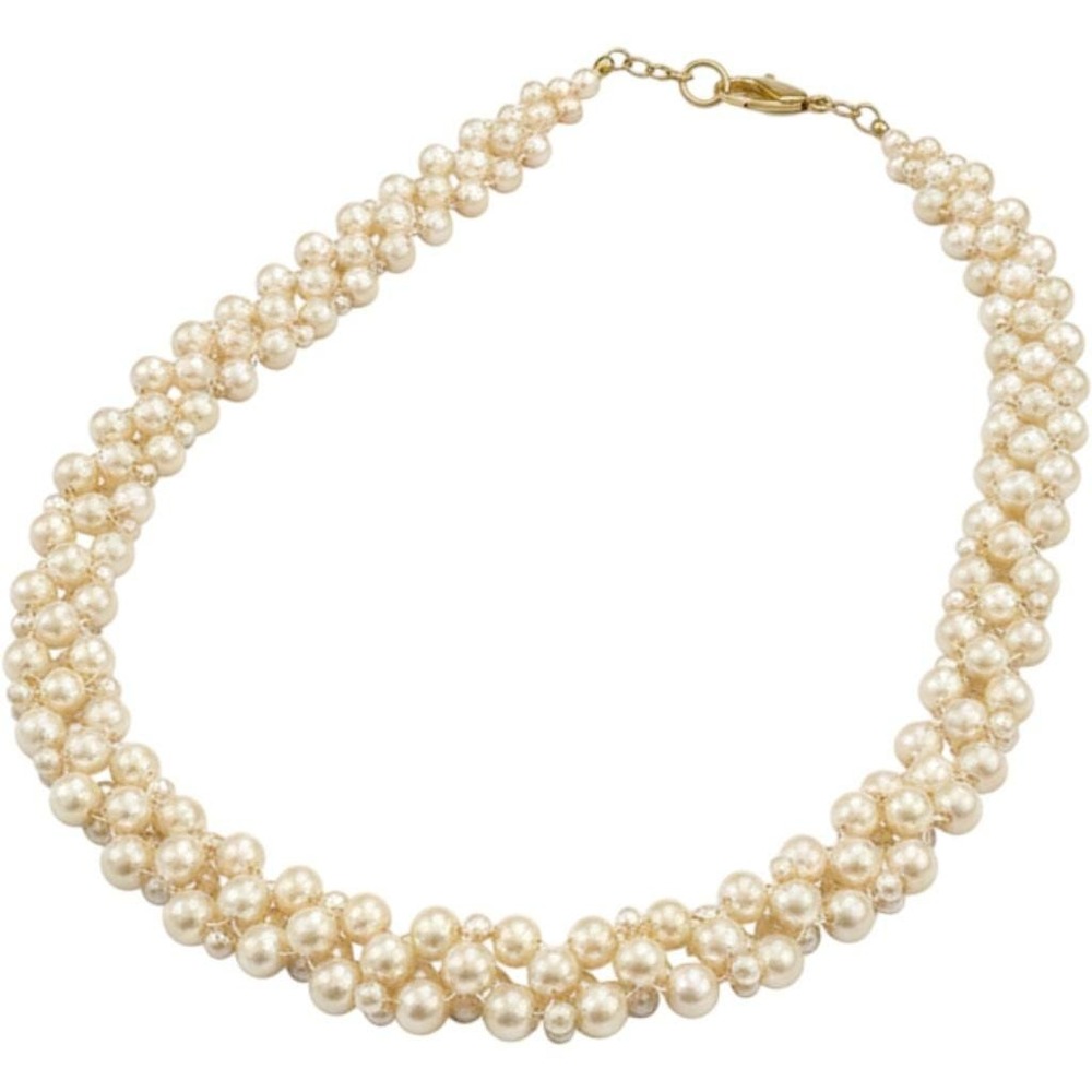 Vintage Style Woven Faux Pearl Choker Necklace Cream Gold Tone Adjustable Clasp